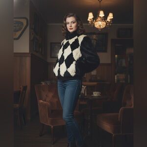 Vintage Rochelle Black and White Harlequin Rabbit Fur Women's Jacket